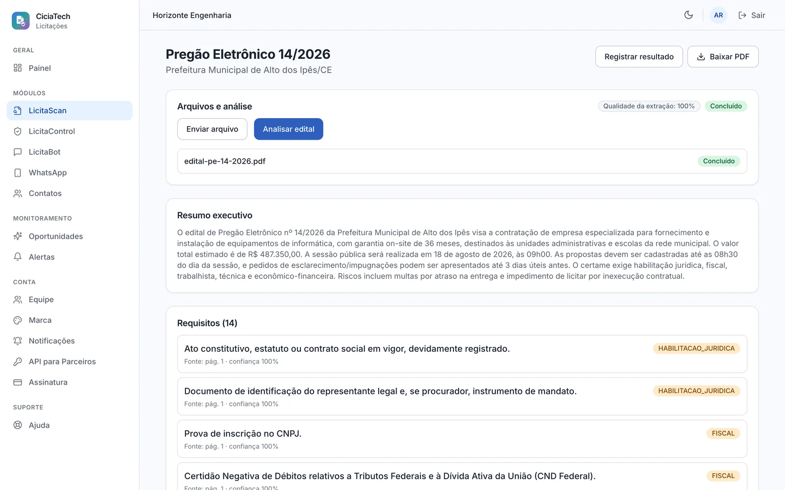 Detalhe do edital com resumo executivo e requisitos extraídos pela análise