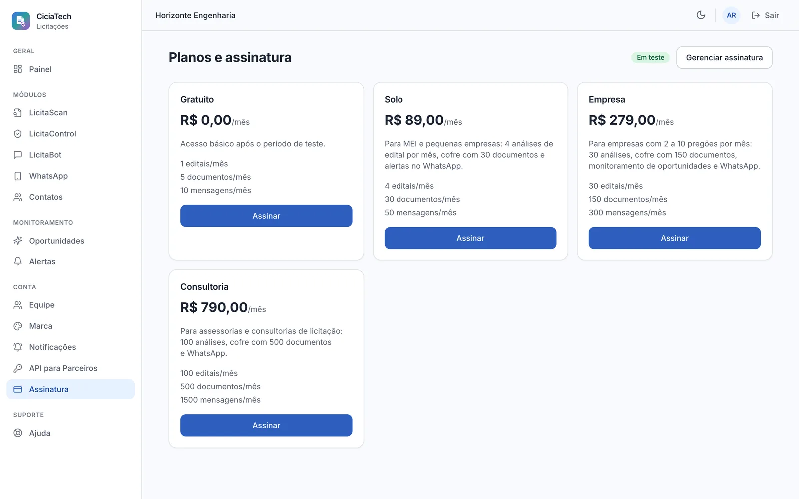 Tela de planos e assinatura com os planos Gratuito, Solo, Empresa e Consultoria