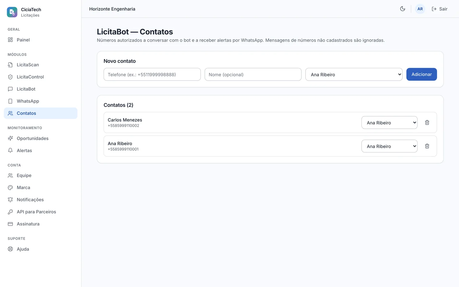 Tela de contatos com seletor de usuário vinculado em cada linha