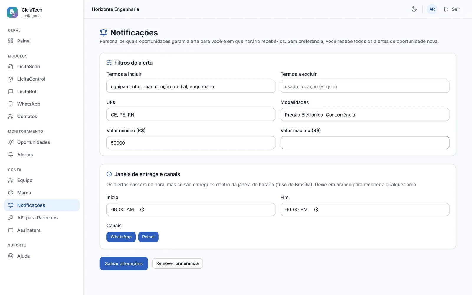 Tela de preferências de notificação com filtros e janela de entrega